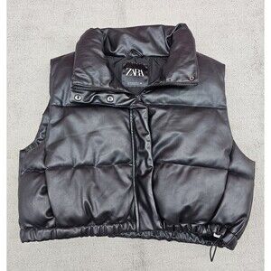 Zara Womens Faux Leather Puffer Vest Jacket 2XL Black